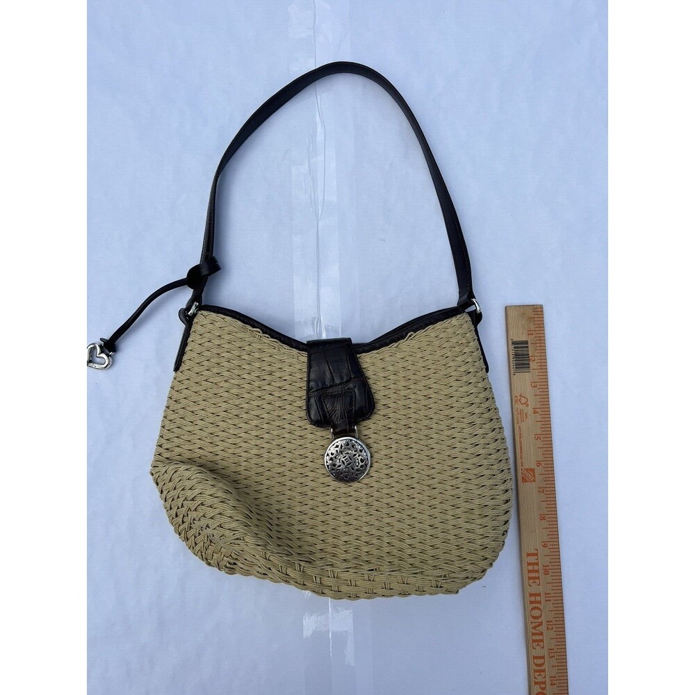 BRIGHTON Woven Straw Shoulder Bag/Purse With Leather Straps & Trim 12x9" - Picture 2 of 13